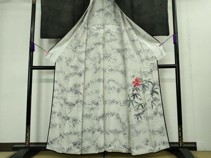 平和屋着物▽極上 訪問着 無双 紗袷 紗×絽 手描き ハイビスカス 黒地 逸品 DZAA9400kh5