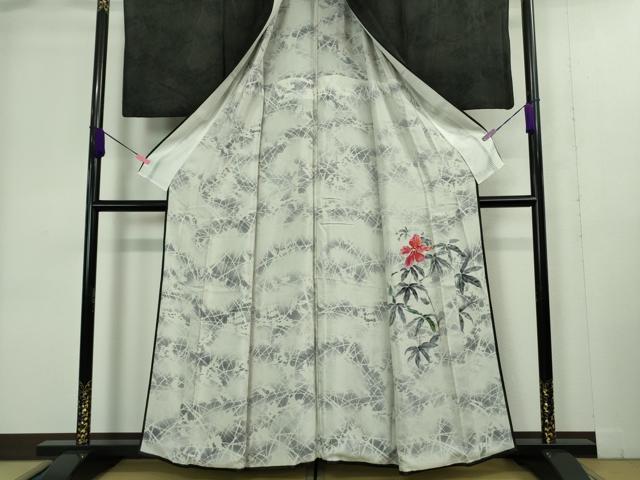 平和屋着物▽極上 訪問着 無双 紗袷 紗×絽 手描き ハイビスカス 黒地 逸品 DZAA9400kh5