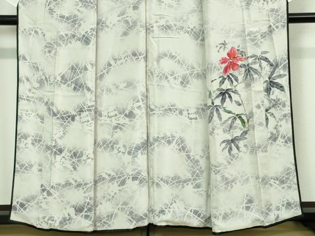 平和屋着物▽極上 訪問着 無双 紗袷 紗×絽 手描き ハイビスカス 黒地 逸品 DZAA9400kh5