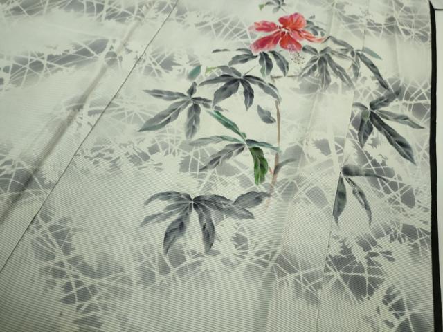 平和屋着物▽極上 訪問着 無双 紗袷 紗×絽 手描き ハイビスカス 黒地 逸品 DZAA9400kh5