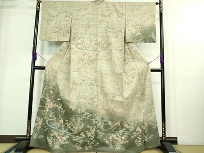 平和屋着物▽極上 染織の名門 しょうざん 生紬 訪問着 単衣 流水草花扇文 反端付き 逸品 DZAA9406kh5