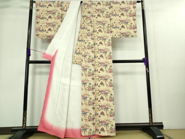 平和屋本店■極上　本場琉球紅型　小紋　松花文　鬼しぼ縮緬　肌色地　高島屋扱い　反端付き　逸品　未使用　DZAA9407kh5