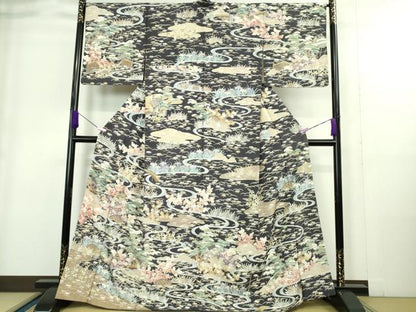 平和屋本店■極上　訪問着　友禅　駒刺繍　渡橋風景花文　青褐色地　金彩　逸品　未使用　DZAA9412kh5