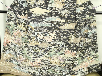 平和屋本店■極上　訪問着　友禅　駒刺繍　渡橋風景花文　青褐色地　金彩　逸品　未使用　DZAA9412kh5
