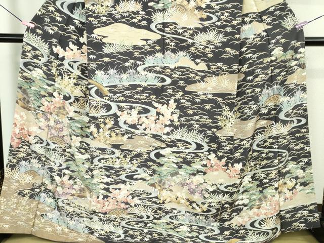 平和屋本店■極上　訪問着　友禅　駒刺繍　渡橋風景花文　青褐色地　金彩　逸品　未使用　DZAA9412kh5