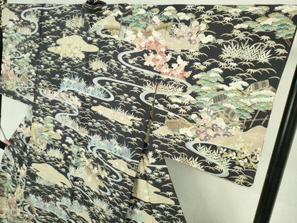 平和屋本店■極上　訪問着　友禅　駒刺繍　渡橋風景花文　青褐色地　金彩　逸品　未使用　DZAA9412kh5
