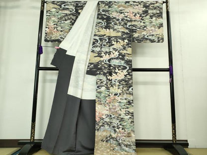 平和屋本店■極上　訪問着　友禅　駒刺繍　渡橋風景花文　青褐色地　金彩　逸品　未使用　DZAA9412kh5