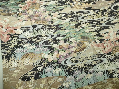 平和屋本店■極上　訪問着　友禅　駒刺繍　渡橋風景花文　青褐色地　金彩　逸品　未使用　DZAA9412kh5