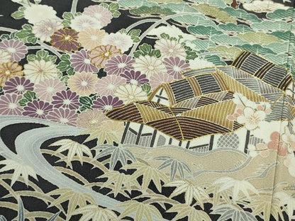 平和屋本店■極上　訪問着　友禅　駒刺繍　渡橋風景花文　青褐色地　金彩　逸品　未使用　DZAA9412kh5