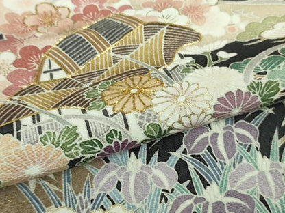 平和屋本店■極上　訪問着　友禅　駒刺繍　渡橋風景花文　青褐色地　金彩　逸品　未使用　DZAA9412kh5