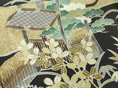 平和屋本店■極上　訪問着　友禅　駒刺繍　渡橋風景花文　青褐色地　金彩　逸品　未使用　DZAA9412kh5