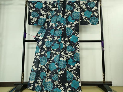 平和屋着物∴極上 夏物 撫松庵 セオアルファ 小紋・浴衣兼用 紅梅織 薔薇 バラ 濃紺地 逸品 DZAA9413kh5