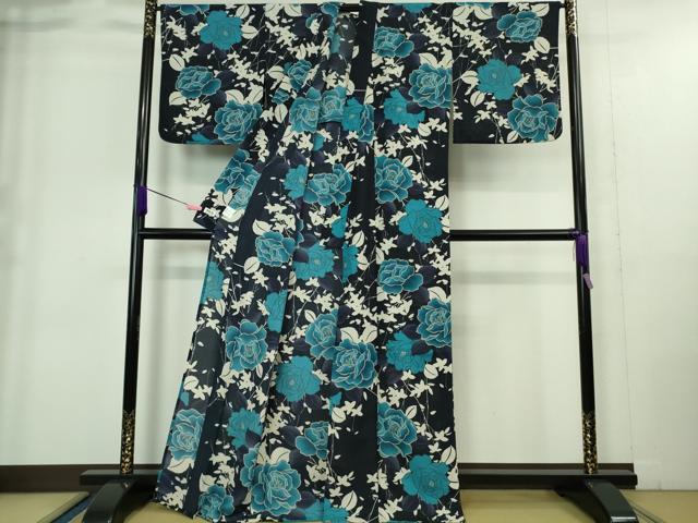平和屋着物∴極上 夏物 撫松庵 セオアルファ 小紋・浴衣兼用 紅梅織 薔薇 バラ 濃紺地 逸品 DZAA9413kh5