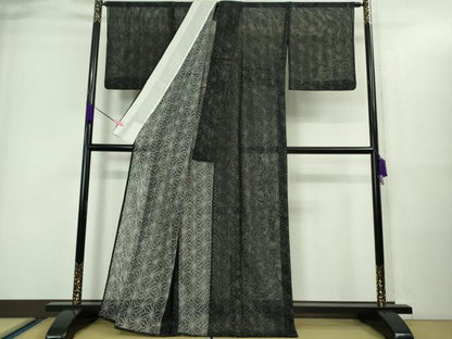 平和屋着物▽極上 小紋 無双 紗袷 紗×紗 麻の葉文 黒地 逸品 DZAA9417kh5