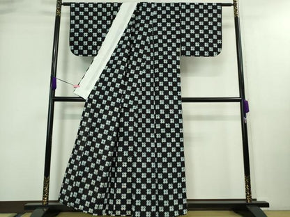 平和屋本店■極上　人間国宝　松枝玉記　久留米絣　単衣　綿　市松文様　証紙付き　逸品　DZAA9441kh5