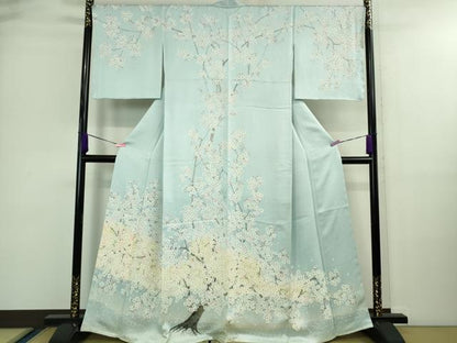 平和屋本店■極上　訪問着　手描き　枝桜　水色地　逸品　未使用　DZAA9446kh5