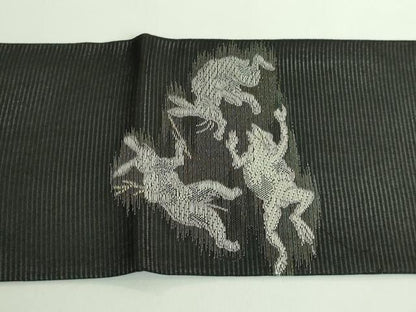 平和屋着物＊極上 夏物 西陣 沢本織物謹製 九寸名古屋帯 鳥獣戯画 金銀糸 黒地 証紙付き 逸品 新品 DZAA9452kh5