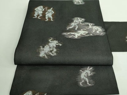 平和屋着物＊極上 夏物 九寸名古屋帯 鳥獣戯画 金銀糸 黒地 逸品 新品 DZAA9453kh5