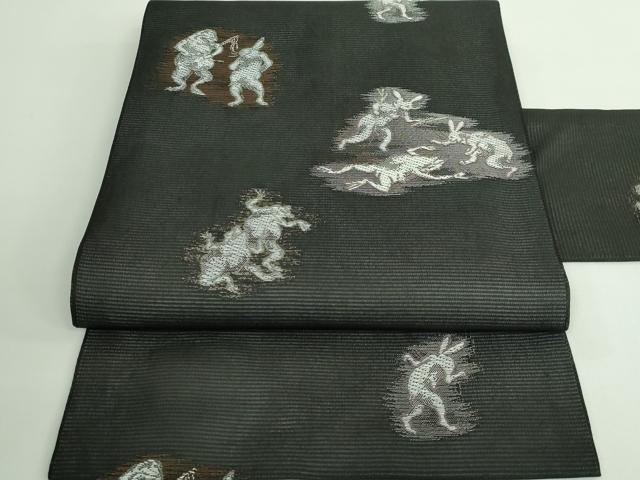 平和屋着物＊極上 夏物 九寸名古屋帯 鳥獣戯画 金銀糸 黒地 逸品 新品 DZAA9453kh5