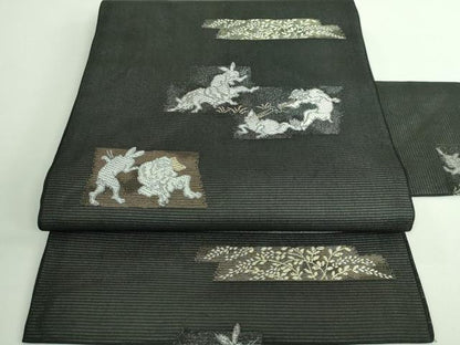 平和屋着物＊極上 夏物 西陣 沢本織物謹製 九寸名古屋帯 鳥獣戯画 金銀糸 黒地 証紙付き 逸品 新品 DZAA9454kh5