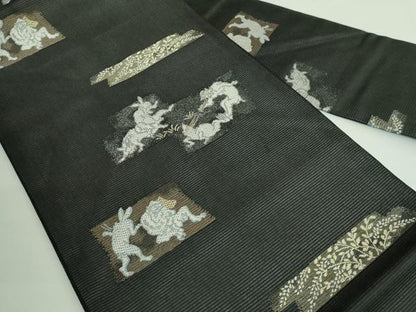 平和屋着物＊極上 夏物 西陣 沢本織物謹製 九寸名古屋帯 鳥獣戯画 金銀糸 黒地 証紙付き 逸品 新品 DZAA9454kh5