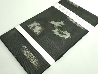 平和屋着物＊極上 夏物 九寸名古屋帯 鳥獣戯画 金銀糸 黒地 逸品 新品 DZAA9455kh5