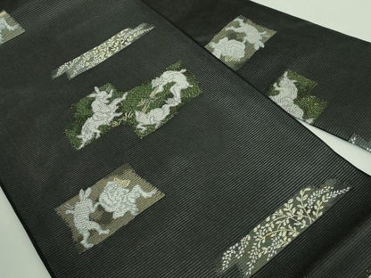 平和屋着物＊極上 夏物 九寸名古屋帯 鳥獣戯画 金銀糸 黒地 逸品 新品 DZAA9455kh5