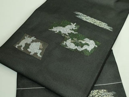 平和屋着物＊極上 夏物 九寸名古屋帯 鳥獣戯画 金銀糸 黒地 逸品 新品 DZAA9455kh5