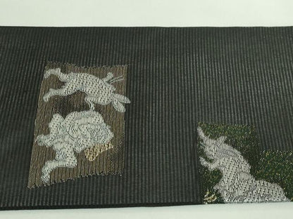 平和屋着物＊極上 夏物 九寸名古屋帯 鳥獣戯画 金銀糸 黒地 逸品 新品 DZAA9455kh5