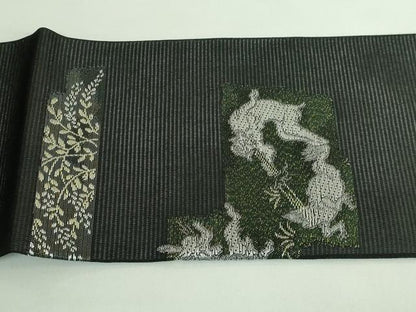 平和屋着物＊極上 夏物 九寸名古屋帯 鳥獣戯画 金銀糸 黒地 逸品 新品 DZAA9455kh5