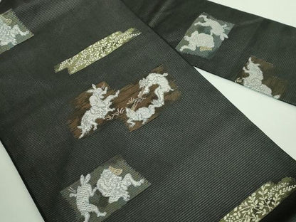 平和屋着物＊極上 夏物 西陣 沢本織物謹製 九寸名古屋帯 鳥獣戯画 金銀糸 黒地 証紙付き 逸品 新品 DZAA9456kh5