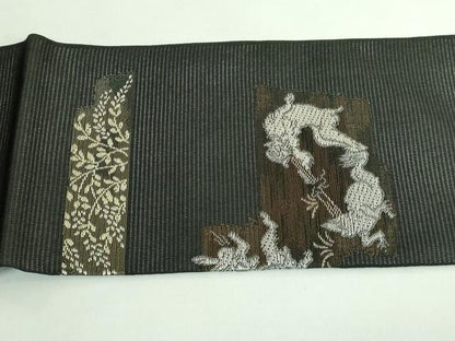 平和屋着物＊極上 夏物 西陣 沢本織物謹製 九寸名古屋帯 鳥獣戯画 金銀糸 黒地 証紙付き 逸品 新品 DZAA9456kh5