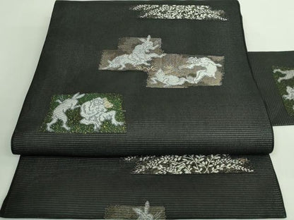 平和屋着物＊極上 夏物 九寸名古屋帯 鳥獣戯画 金銀糸 黒地 逸品 新品 DZAA9457kh5