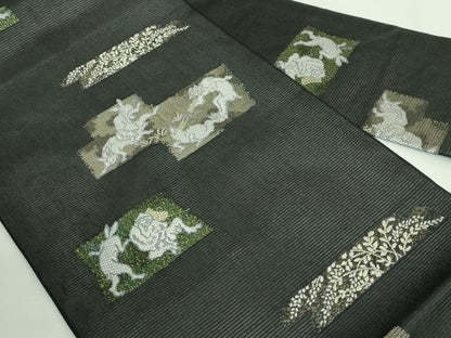 平和屋着物＊極上 夏物 九寸名古屋帯 鳥獣戯画 金銀糸 黒地 逸品 新品 DZAA9457kh5