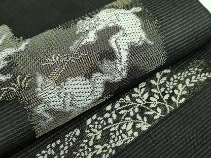 平和屋着物＊極上 夏物 九寸名古屋帯 鳥獣戯画 金銀糸 黒地 逸品 新品 DZAA9457kh5