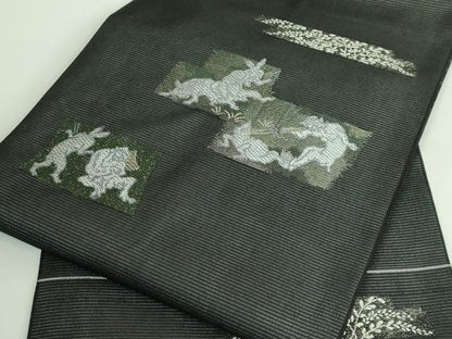 平和屋着物＊極上 夏物 九寸名古屋帯 鳥獣戯画 金銀糸 黒地 逸品 新品 DZAA9457kh5