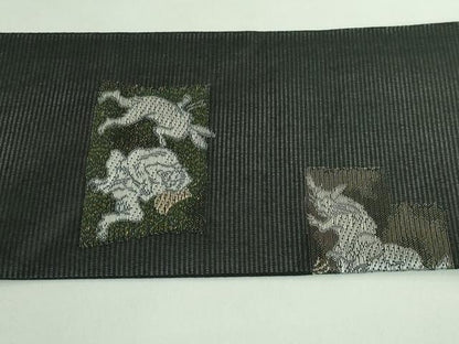平和屋着物＊極上 夏物 九寸名古屋帯 鳥獣戯画 金銀糸 黒地 逸品 新品 DZAA9457kh5