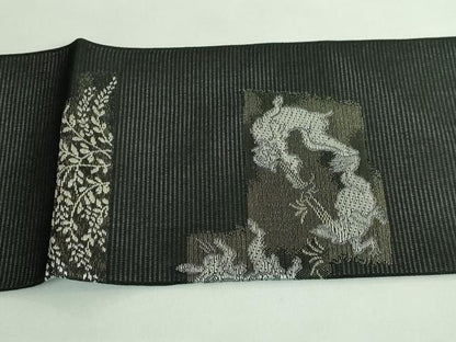 平和屋着物＊極上 夏物 九寸名古屋帯 鳥獣戯画 金銀糸 黒地 逸品 新品 DZAA9457kh5