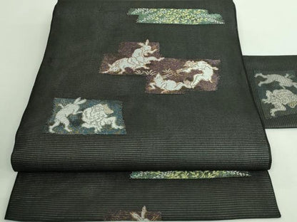 平和屋着物＊極上 夏物 九寸名古屋帯 鳥獣戯画 金銀糸 黒地 逸品 新品 DZAA9458kh5