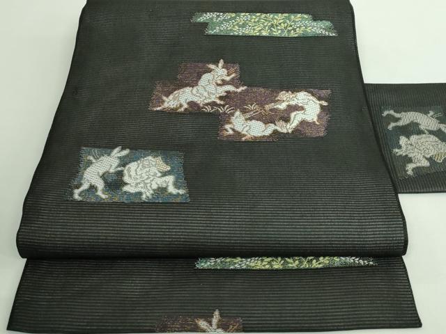 平和屋着物＊極上 夏物 九寸名古屋帯 鳥獣戯画 金銀糸 黒地 逸品 新品 DZAA9458kh5