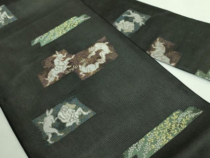 平和屋着物＊極上 夏物 九寸名古屋帯 鳥獣戯画 金銀糸 黒地 逸品 新品 DZAA9458kh5