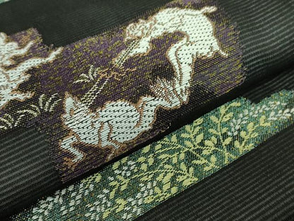 平和屋着物＊極上 夏物 九寸名古屋帯 鳥獣戯画 金銀糸 黒地 逸品 新品 DZAA9458kh5