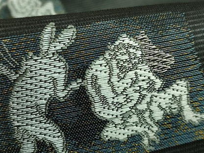 平和屋着物＊極上 夏物 九寸名古屋帯 鳥獣戯画 金銀糸 黒地 逸品 新品 DZAA9458kh5