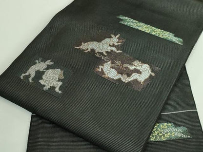 平和屋着物＊極上 夏物 九寸名古屋帯 鳥獣戯画 金銀糸 黒地 逸品 新品 DZAA9458kh5