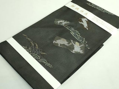 平和屋着物＊極上 夏物 九寸名古屋帯 鳥獣戯画 金銀糸 黒地 逸品 新品 DZAA9459kh5