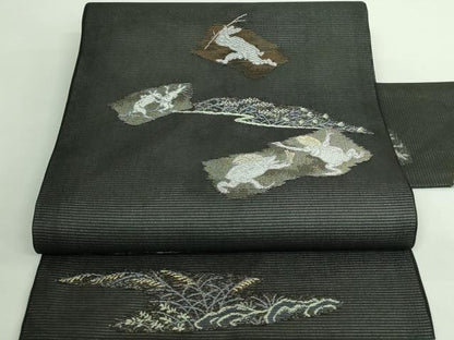 平和屋着物＊極上 夏物 九寸名古屋帯 鳥獣戯画 金銀糸 黒地 逸品 新品 DZAA9459kh5