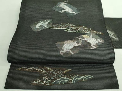 平和屋着物＊極上　夏物　九寸名古屋帯　鳥獣戯画　金銀糸　黒地　逸品　新品　DZAA9460kh5