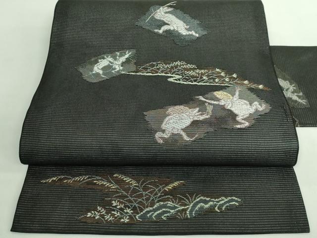 平和屋着物＊極上　夏物　九寸名古屋帯　鳥獣戯画　金銀糸　黒地　逸品　新品　DZAA9460kh5