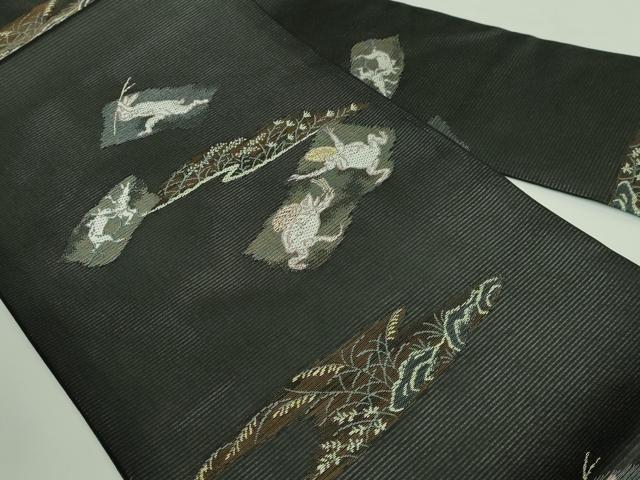 平和屋着物＊極上　夏物　九寸名古屋帯　鳥獣戯画　金銀糸　黒地　逸品　新品　DZAA9460kh5