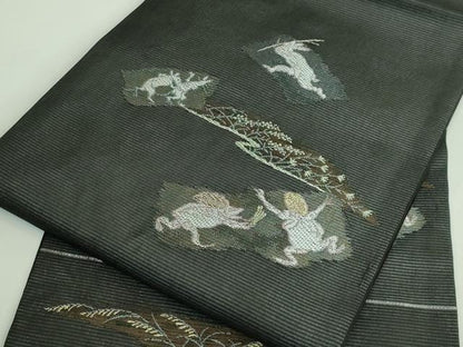 平和屋着物＊極上　夏物　九寸名古屋帯　鳥獣戯画　金銀糸　黒地　逸品　新品　DZAA9460kh5